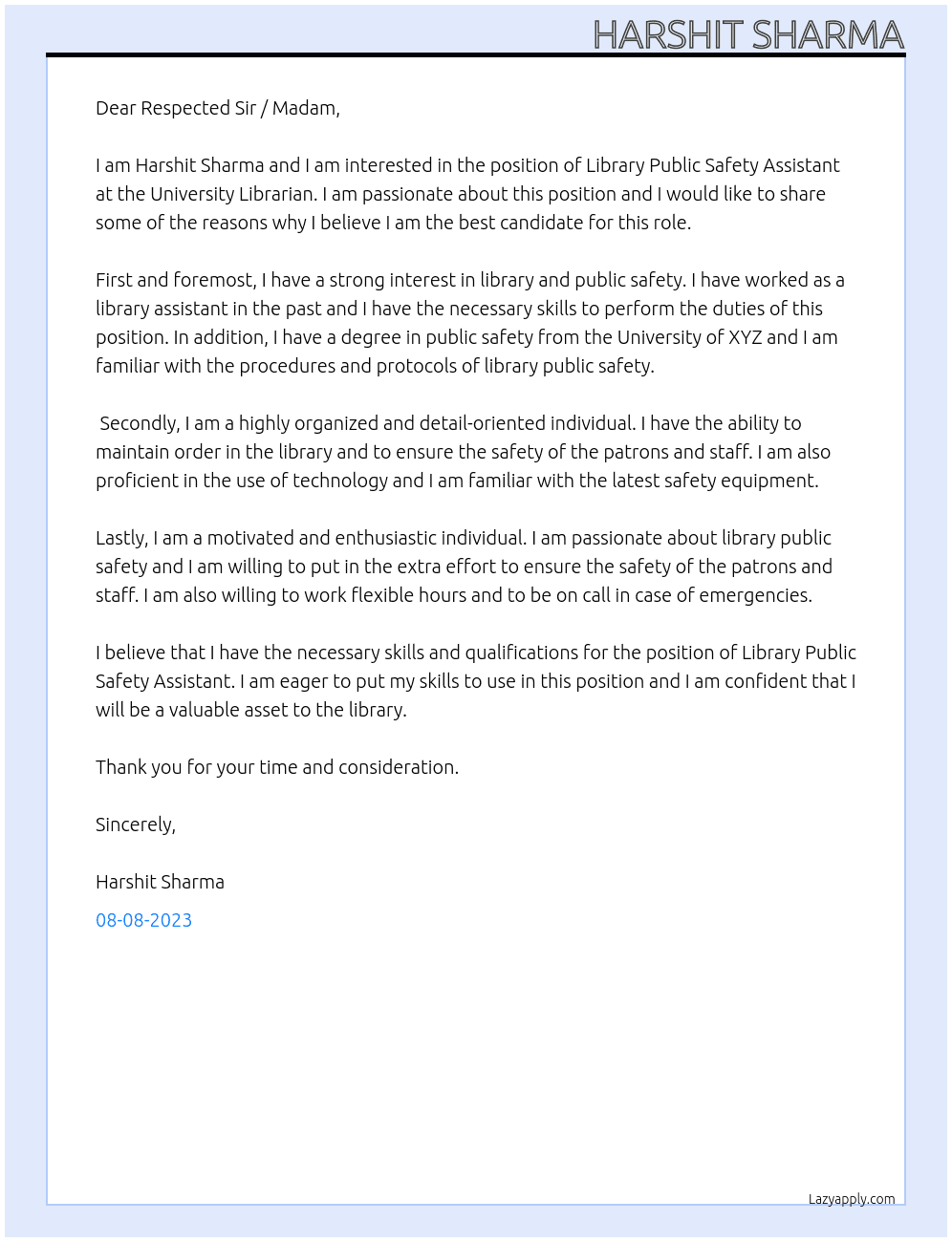 Library Public Safety Assistant At University Librarian Cover Letter