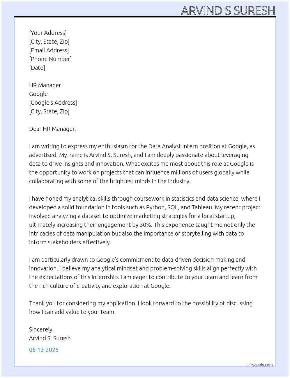 Data Analyst Intern At Google Cover Letter