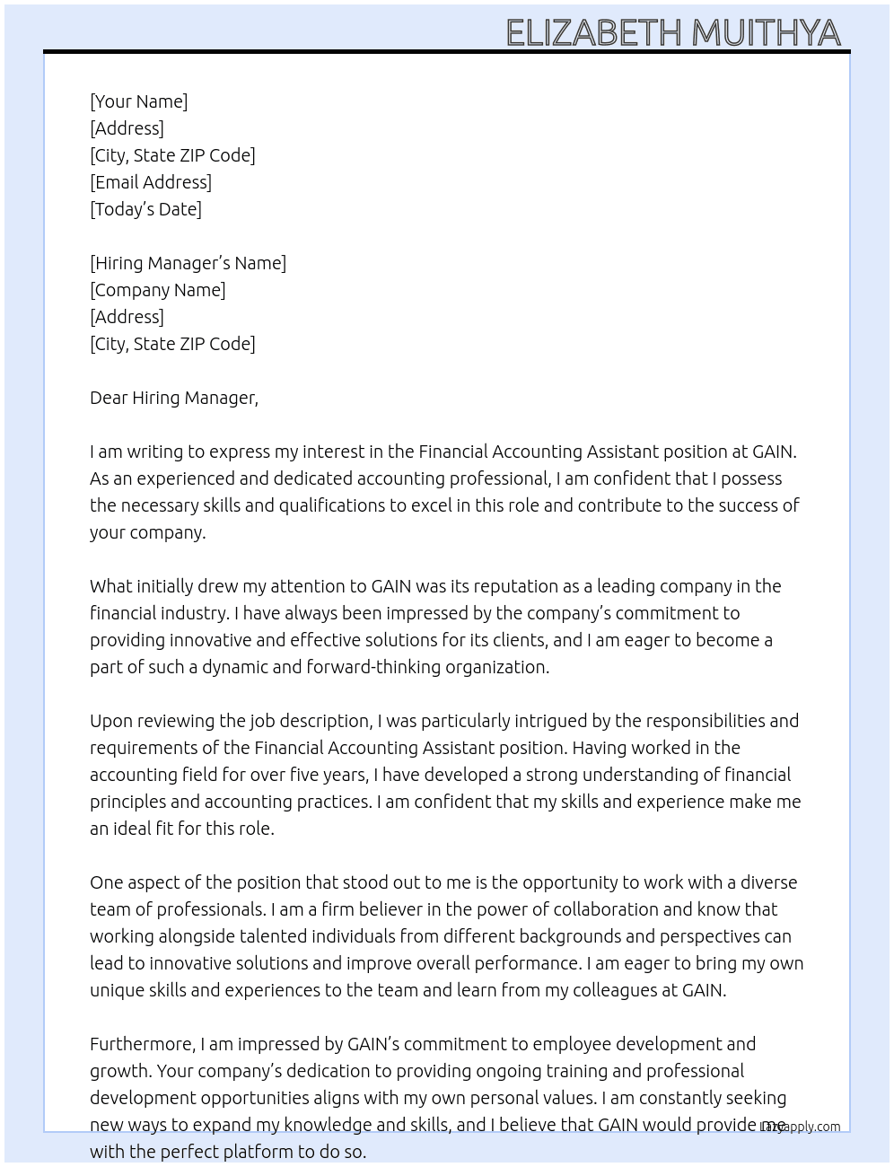 Financial accounting assistant  At GAIN  Cover Letter