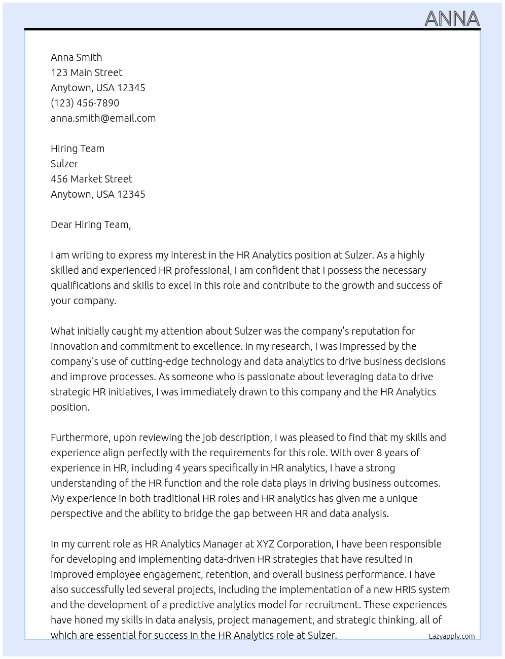 HR Analytics At Sulzer  Cover Letter