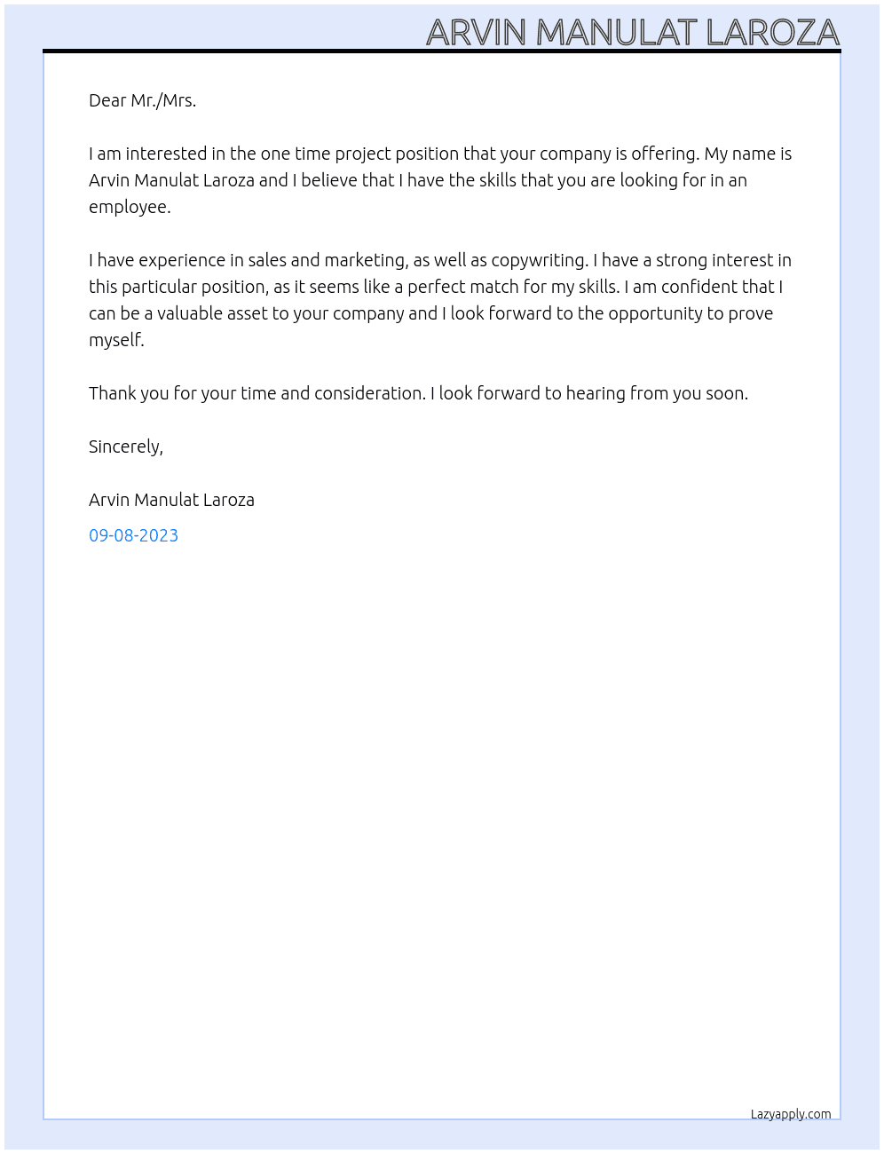 one time project At Other Sales&MarkettingCopywritting Cover Letter