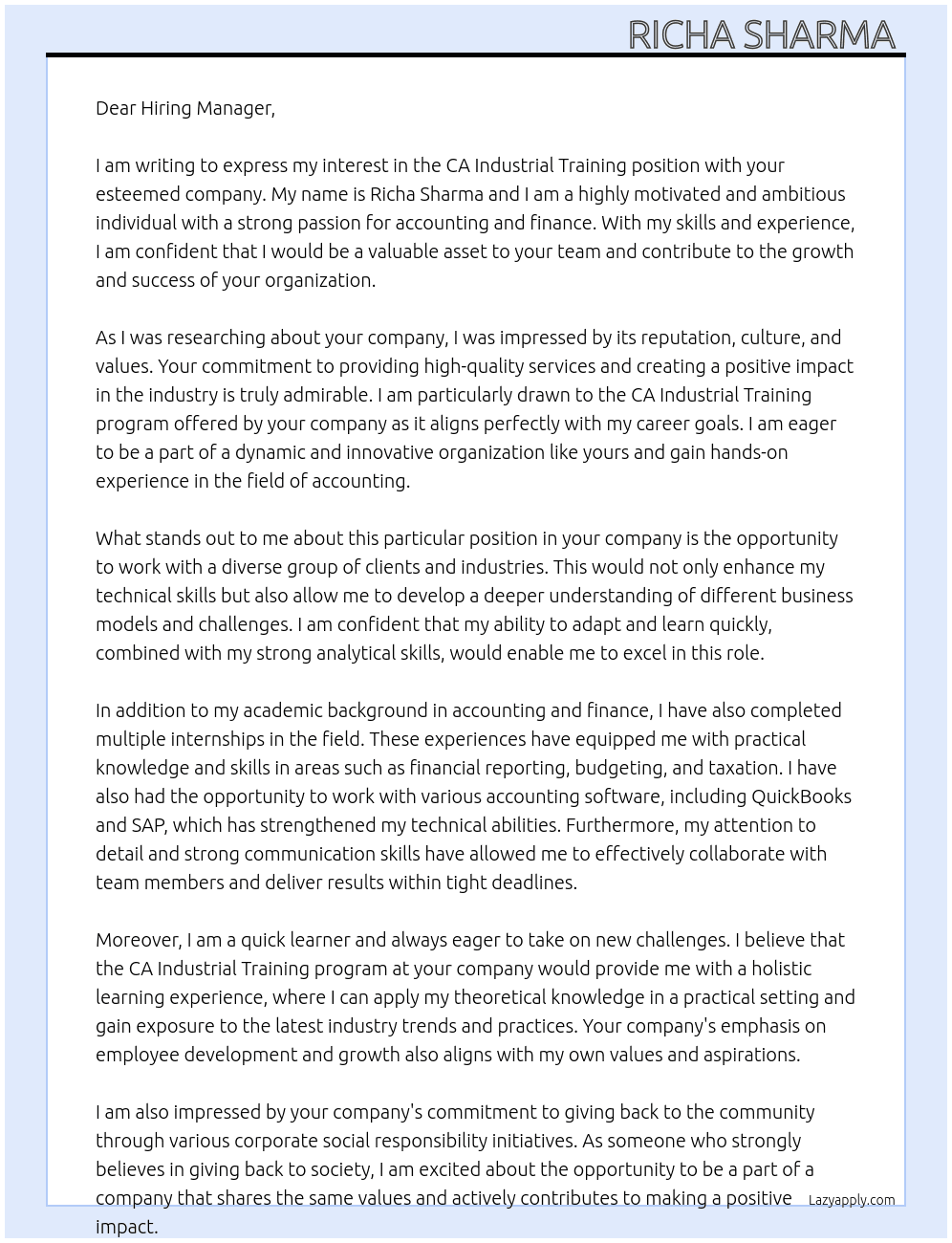 CA Industrial training At any Cover Letter
