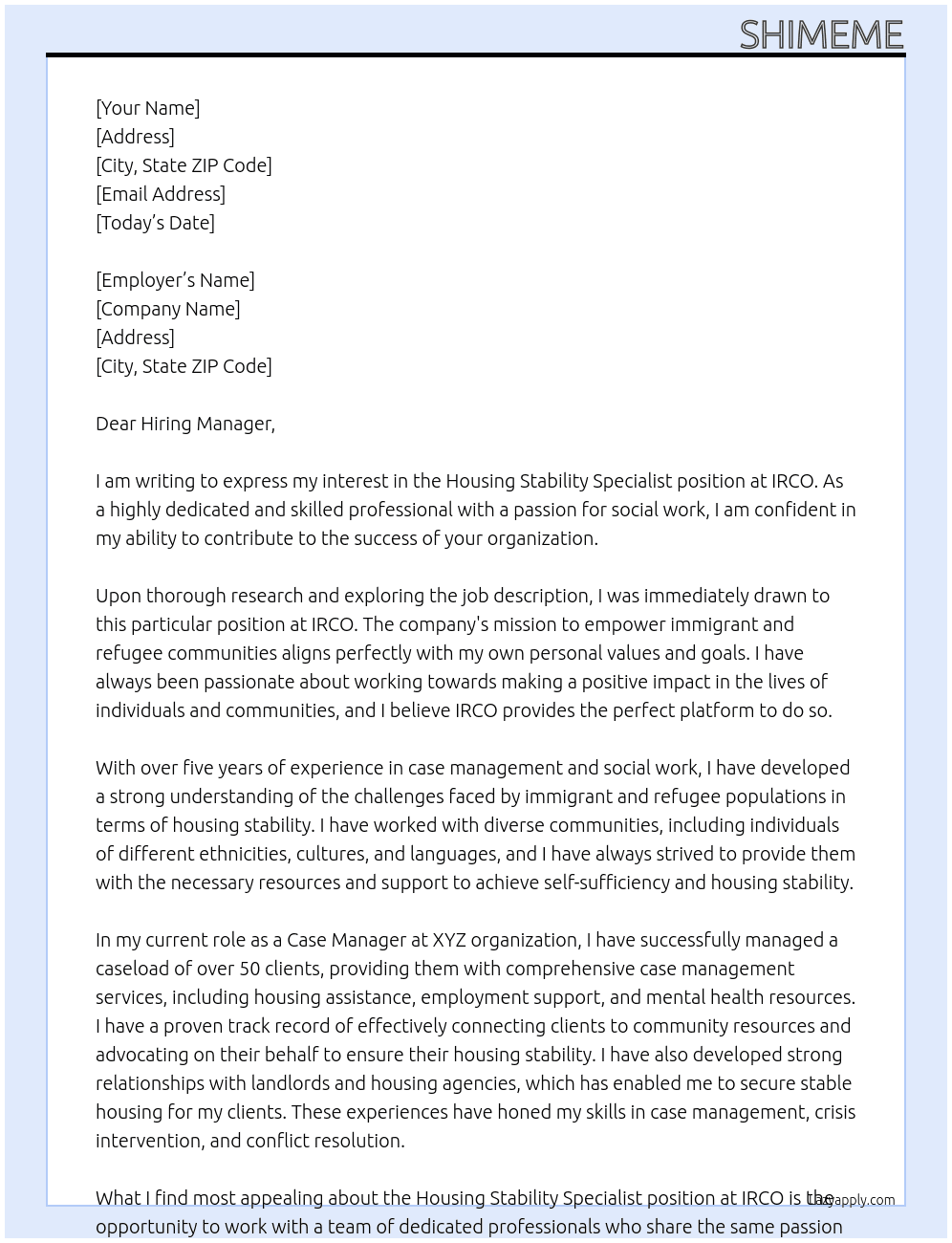 Housing Stability specialist  At IRCO  Cover Letter