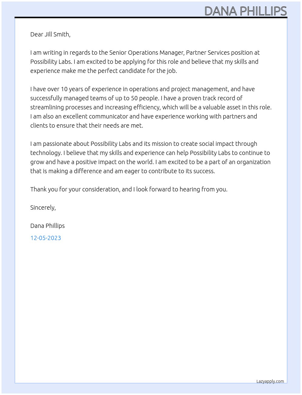 Senior Operations Manager, Partner Services At Possibility Labs Cover Letter