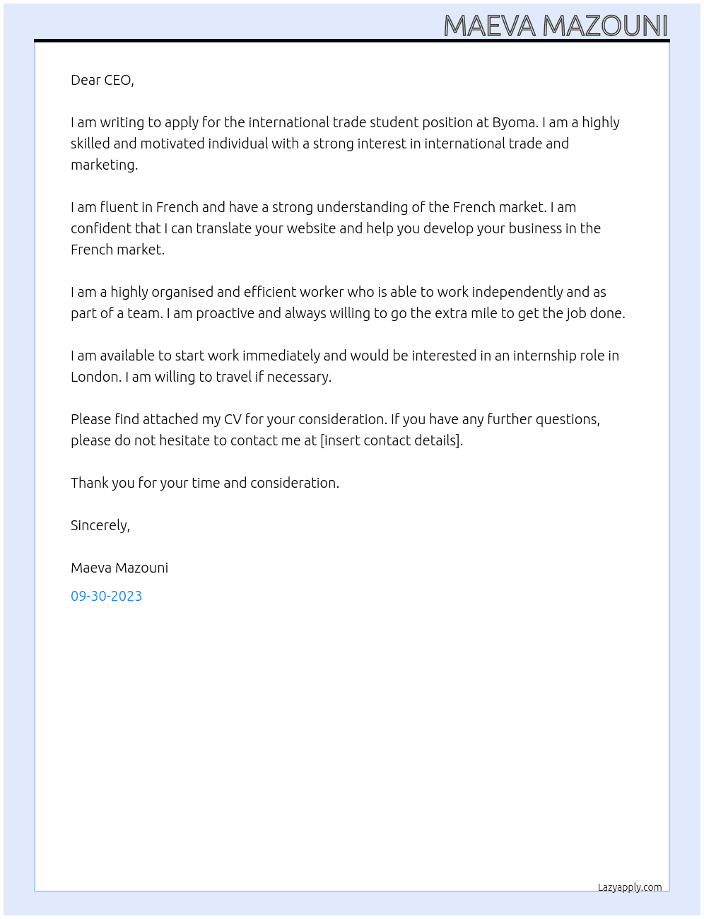 international trade student At Byoma Cover Letter