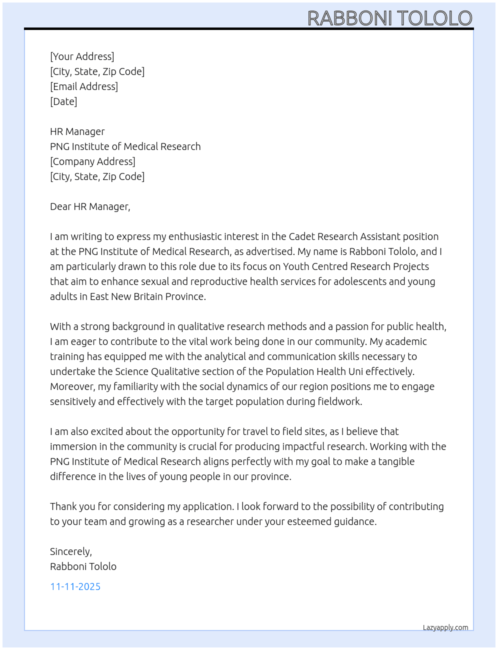 Cover letter for cadet research assistant - LazyApply
