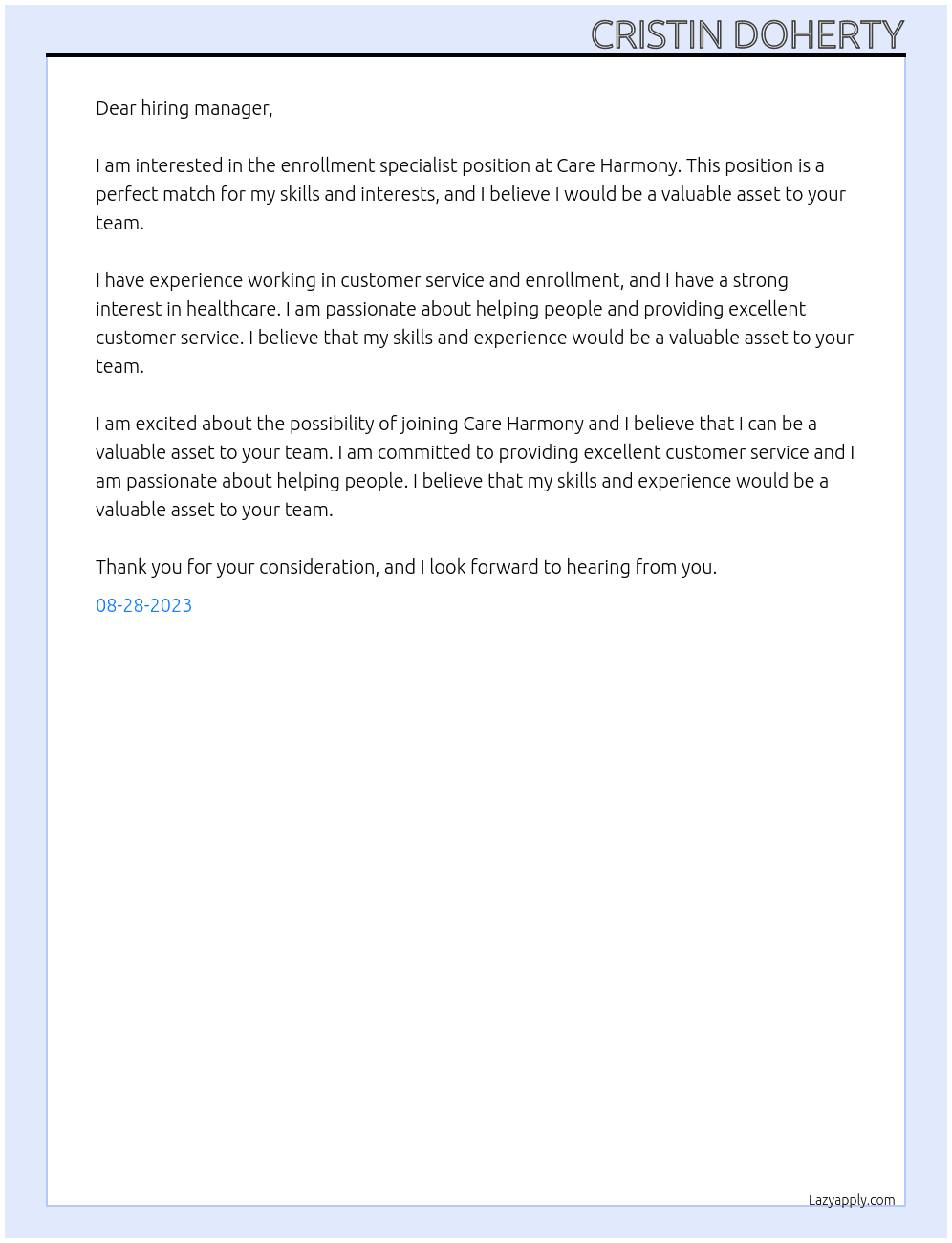 enrollment specialist At Care Harmony Cover Letter
