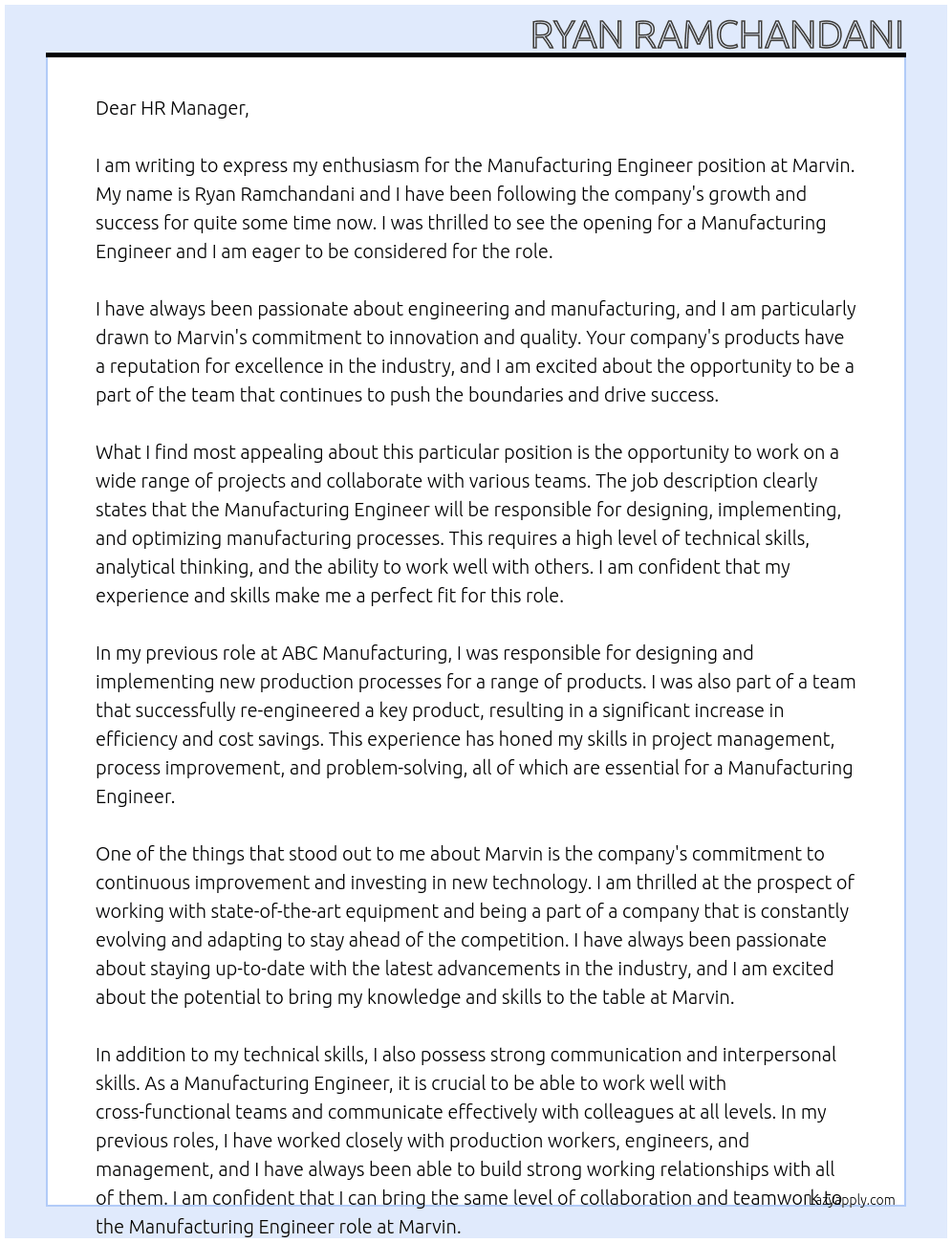 Manufacturing Engineer At Marvin Cover Letter