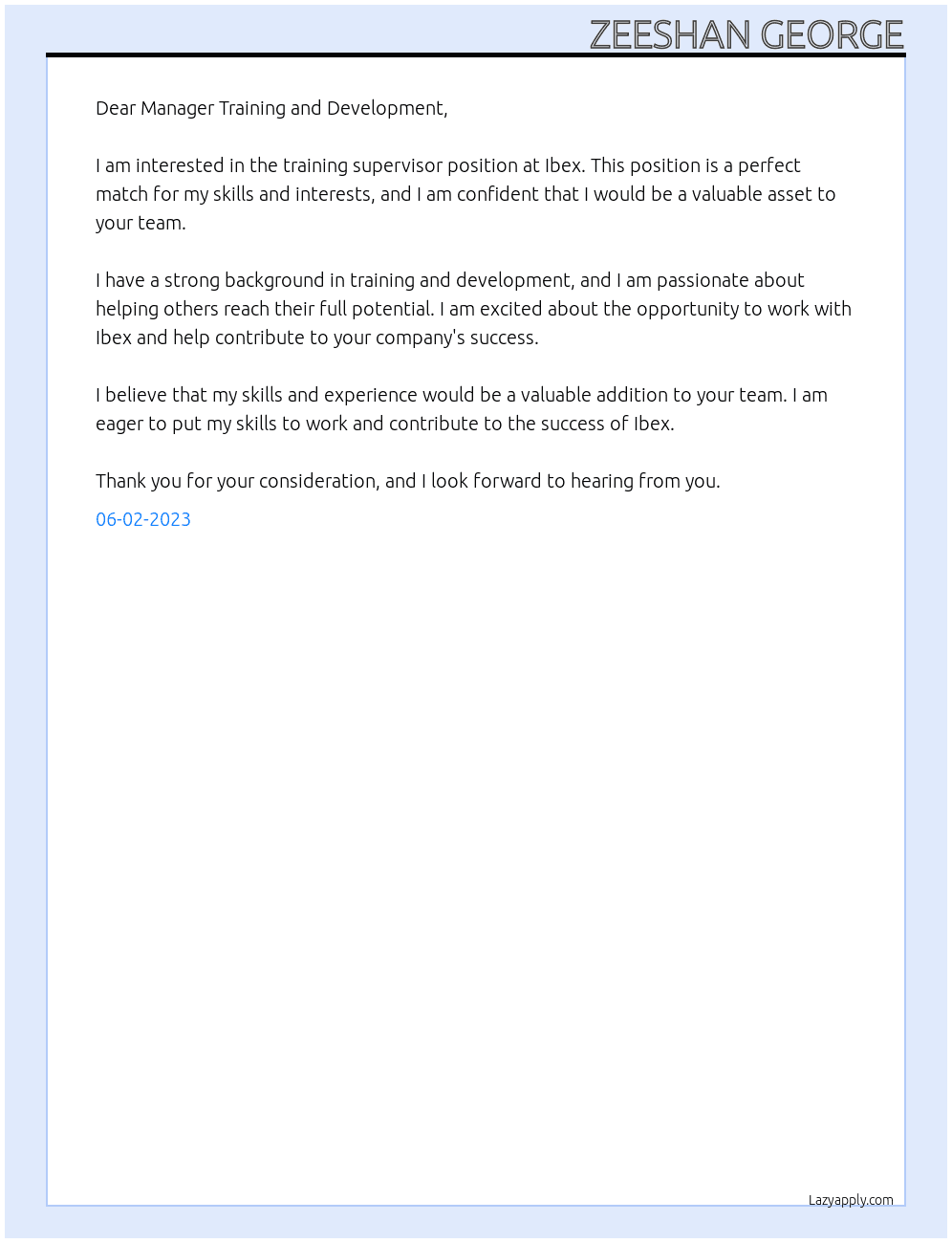 Training supervisor At Ibex  Cover Letter