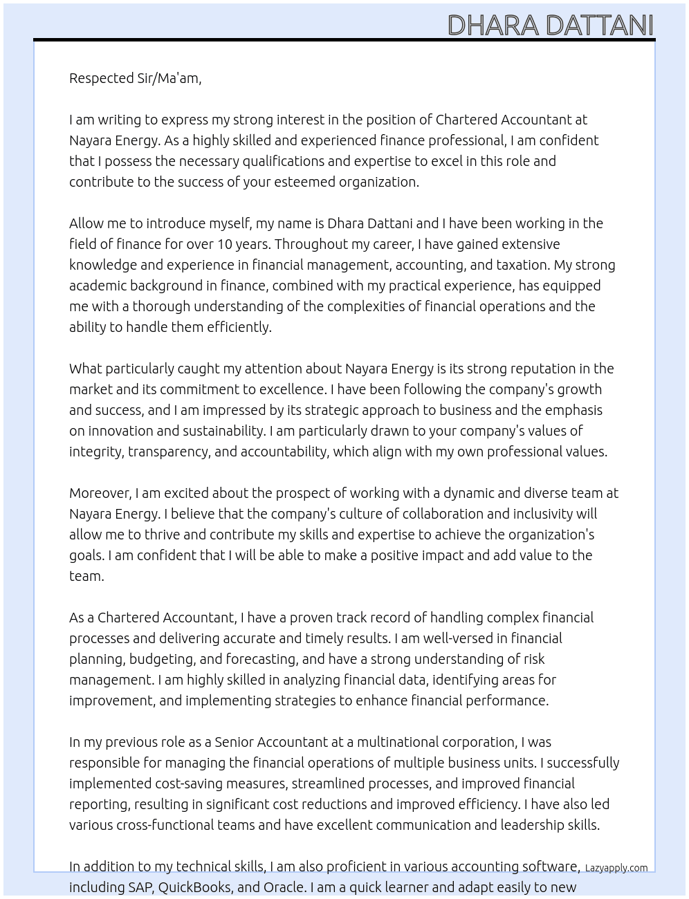 Chartered Accountant At Nayara Energy  Cover Letter