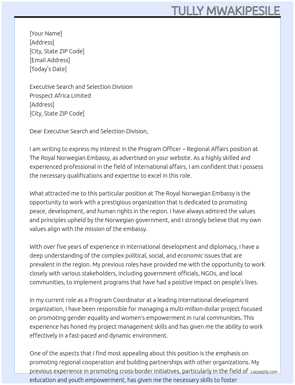 Program Officer – Regional Affairs At The Royal Norwegian Embassy Cover Letter