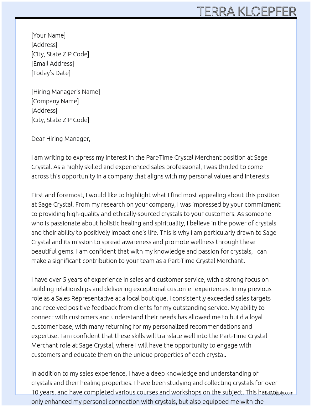 Part-Time Crystal Merchant At Sage Crystal Cover Letter