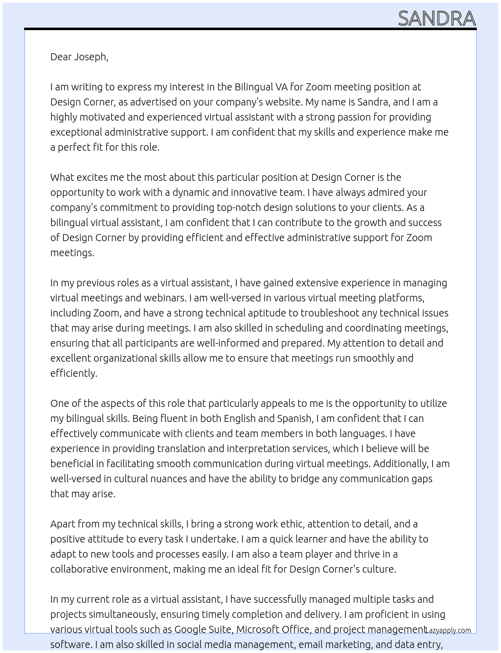 Bilingual VA for Zoom meeting At Design Corner Cover Letter