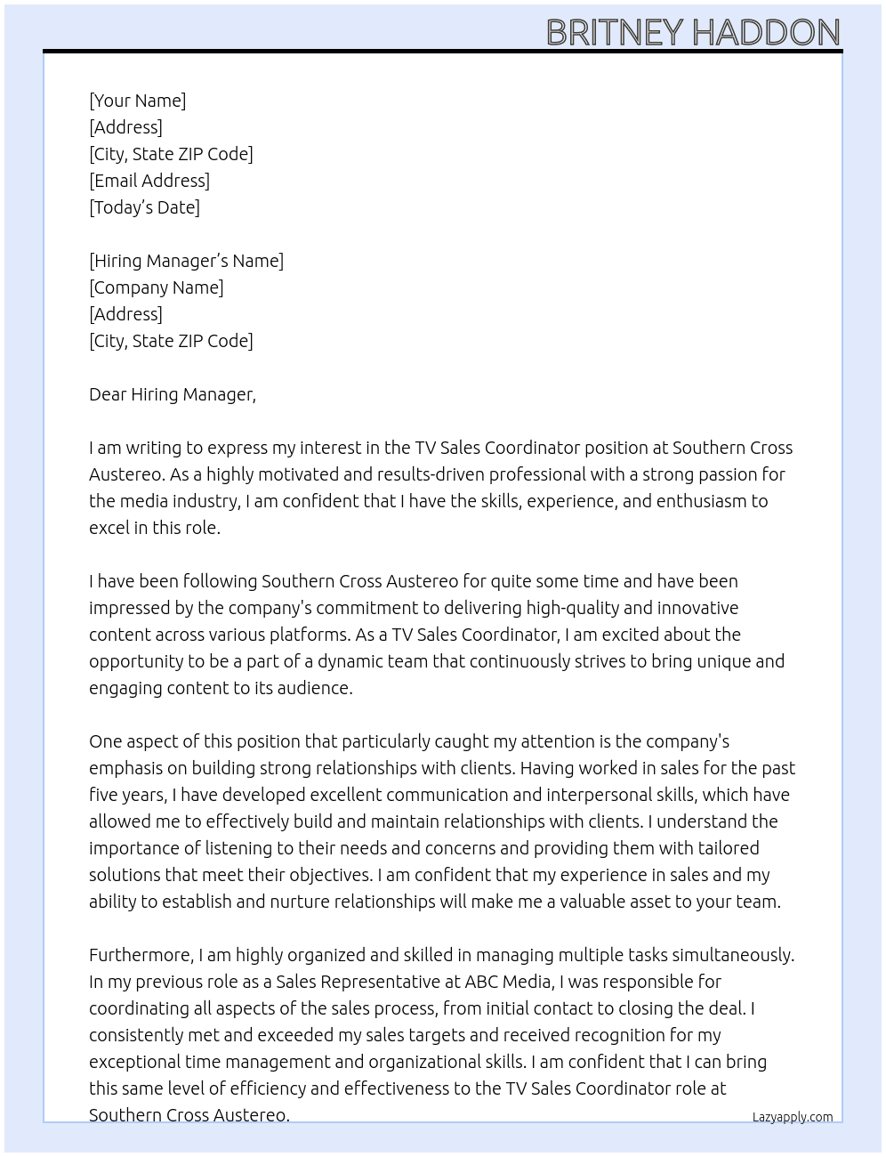 TV Sales Coordinator At Southern Cross Austereo Cover Letter