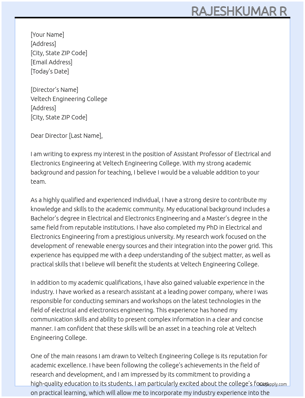 Assistant professor of Electrical and electronics engineering  At Veltech Engineering college  Cover Letter