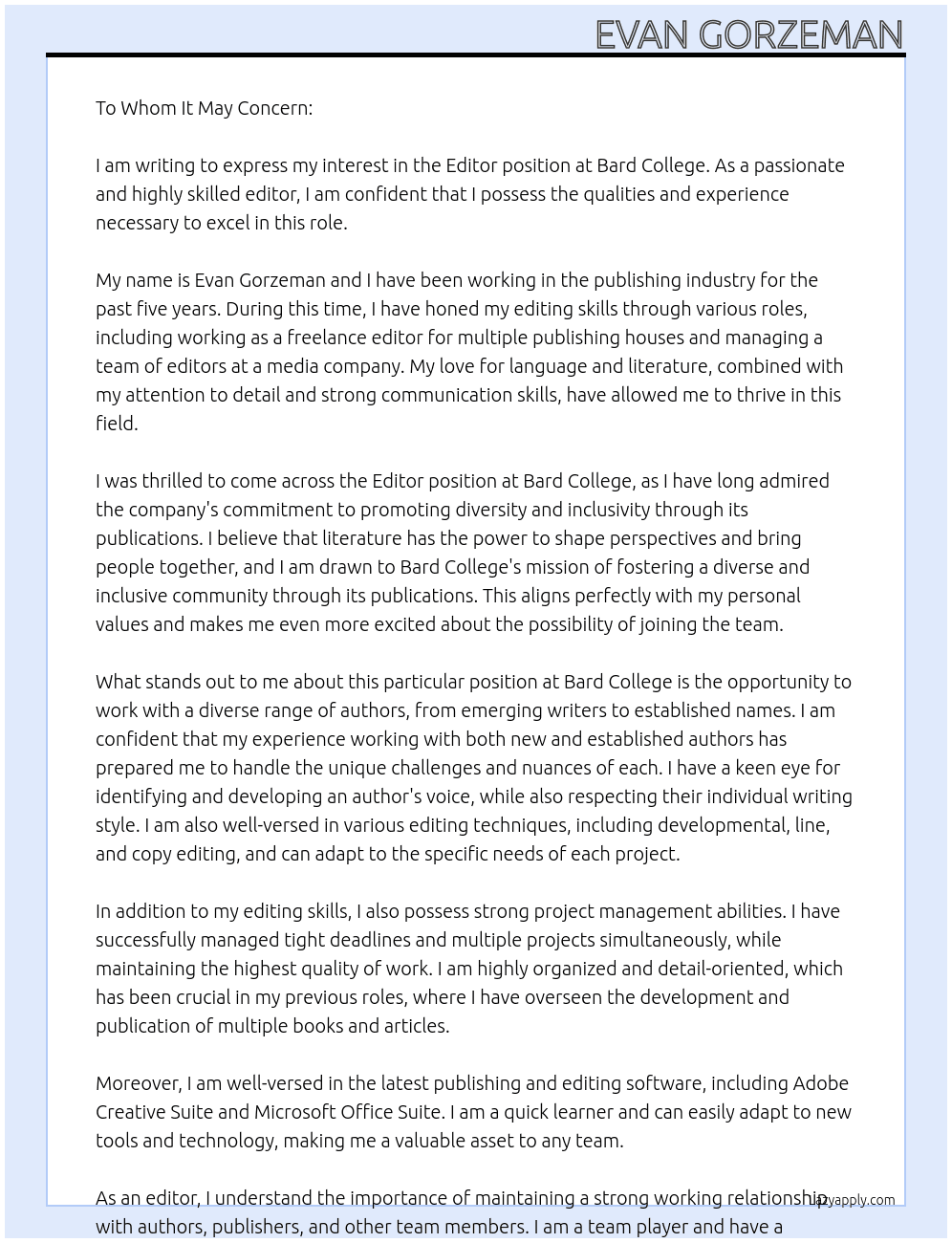 Editor At Bard College Cover Letter