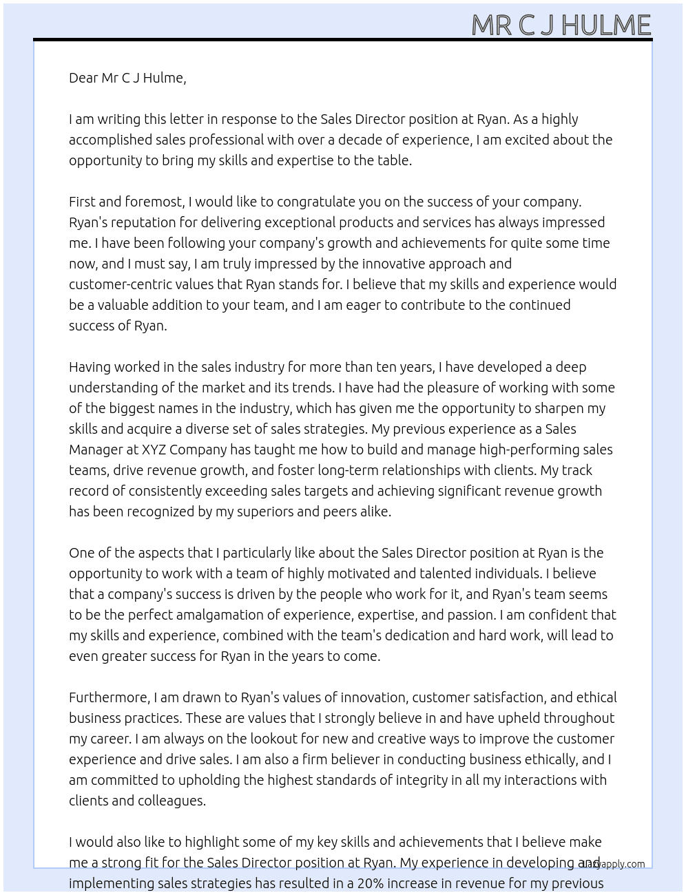 Sales Director  At Ryan Cover Letter