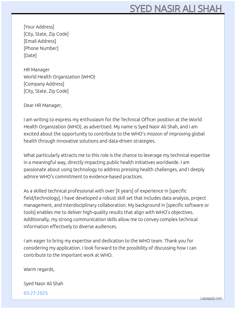 technical officer  At WHO Cover Letter