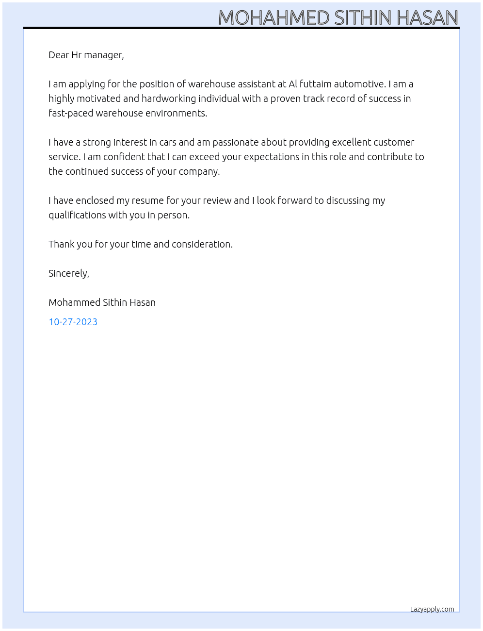Warehouse assistant  At Al futtaim automotive  Cover Letter