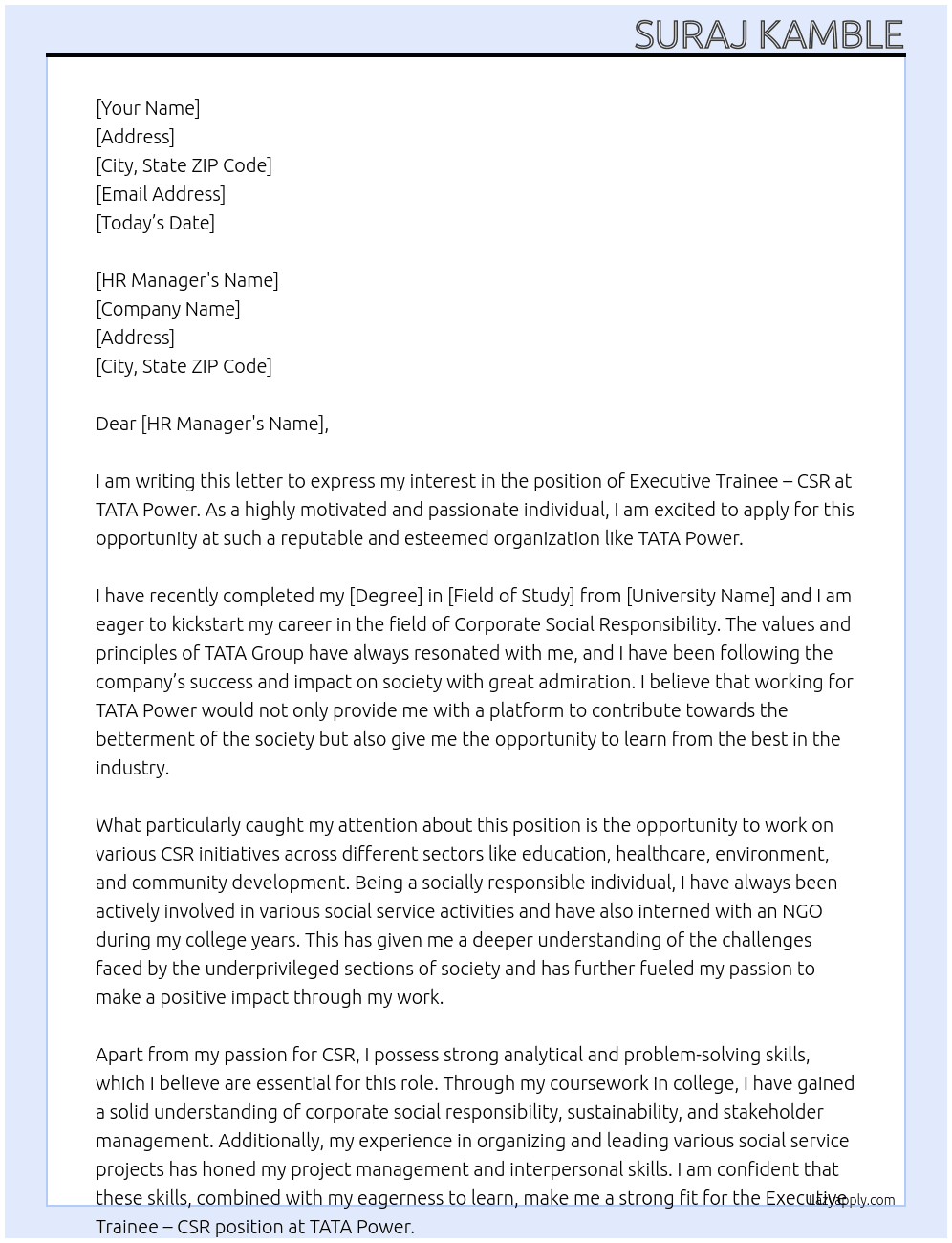 Cover letter for executive trainee – csr - LazyApply