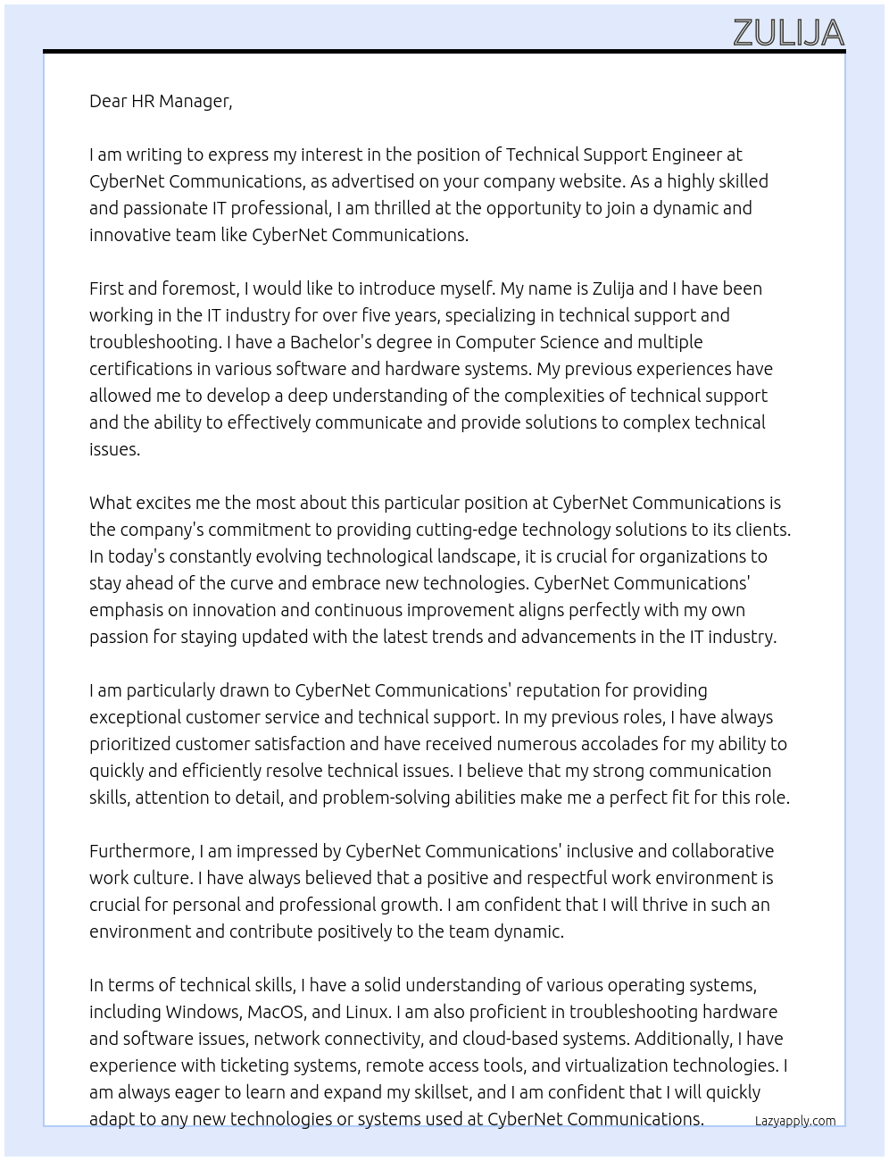 Technical Support Engineer  At CyberNet Communications Cover Letter