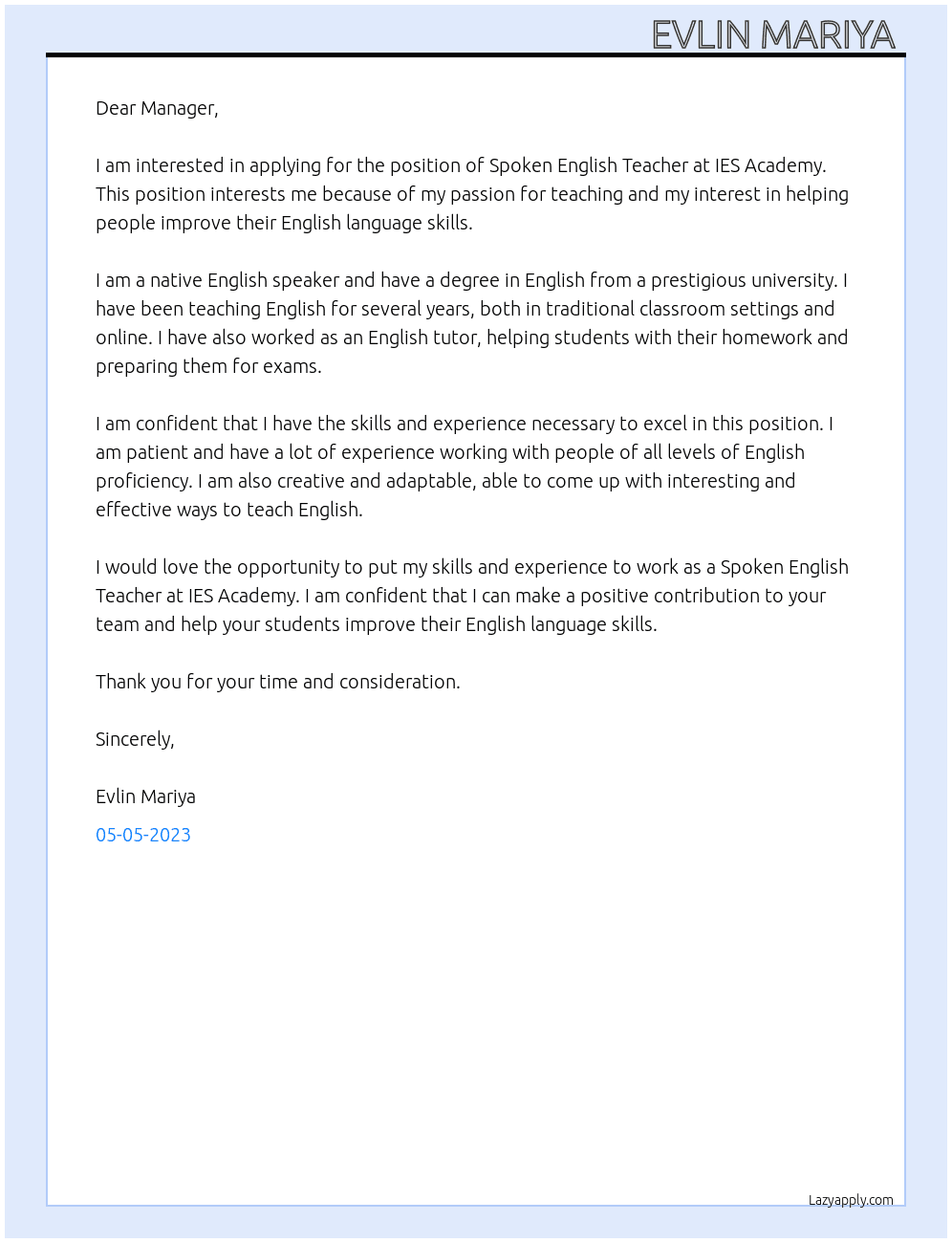 Spoken English Teacher  At IES Academy  Cover Letter