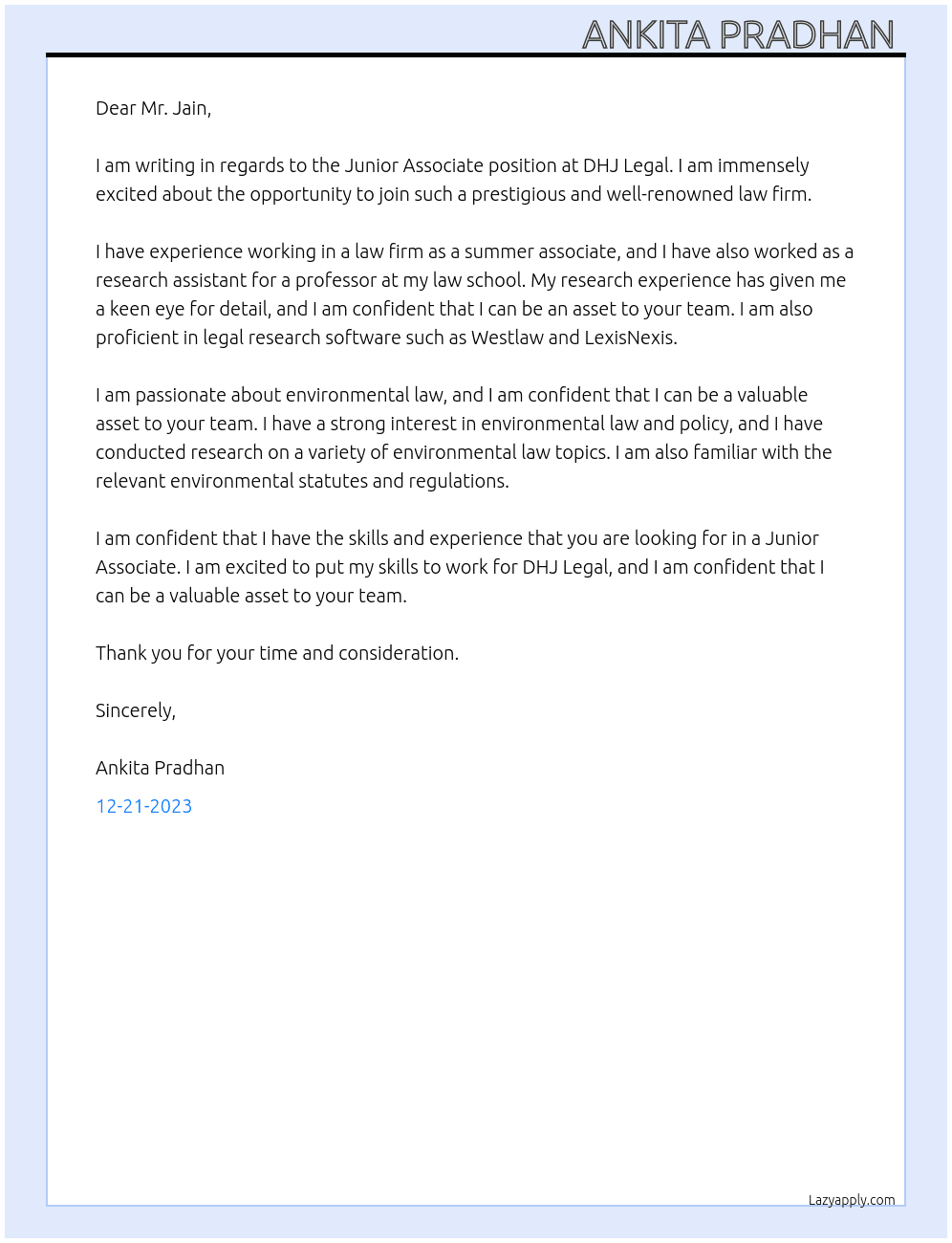 Junior Associate  At DHJ Legal Cover Letter
