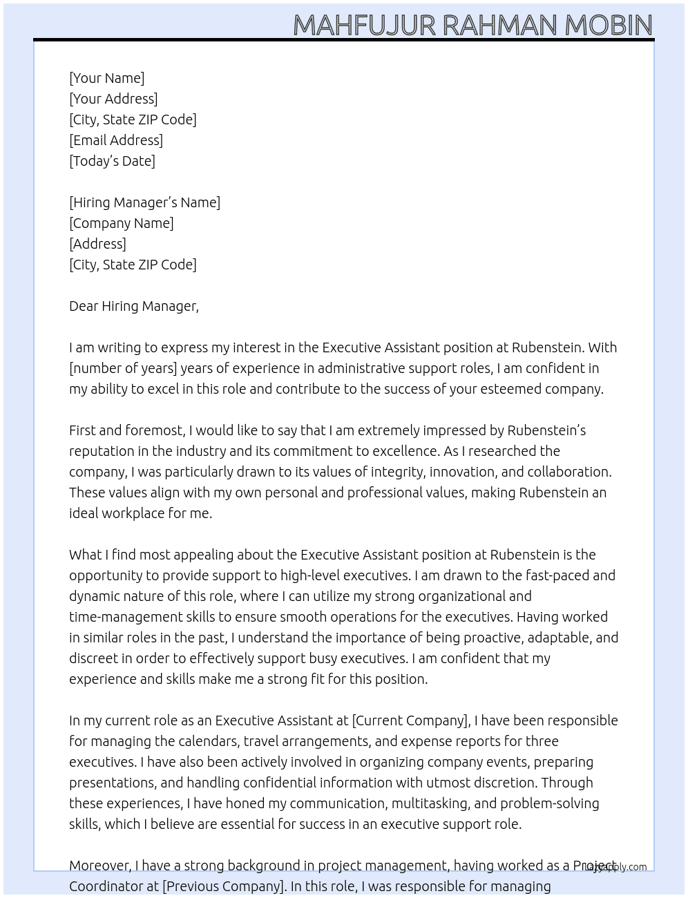 Executive Assistant At Rubenstein Cover Letter