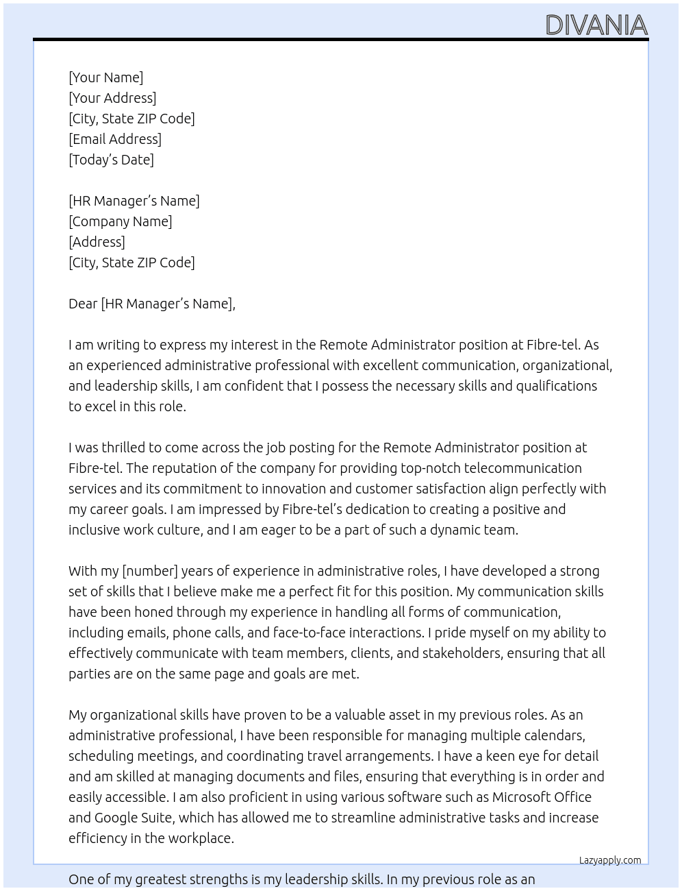Remote Adminstrator At Fibre-tel Cover Letter