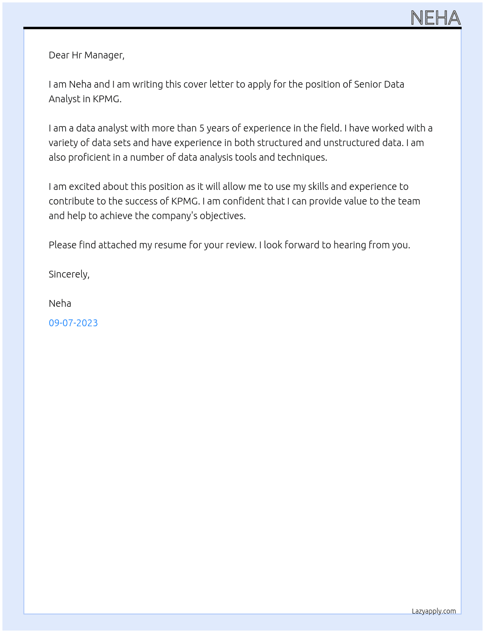 Senior Data Analyst At KPMG Cover Letter