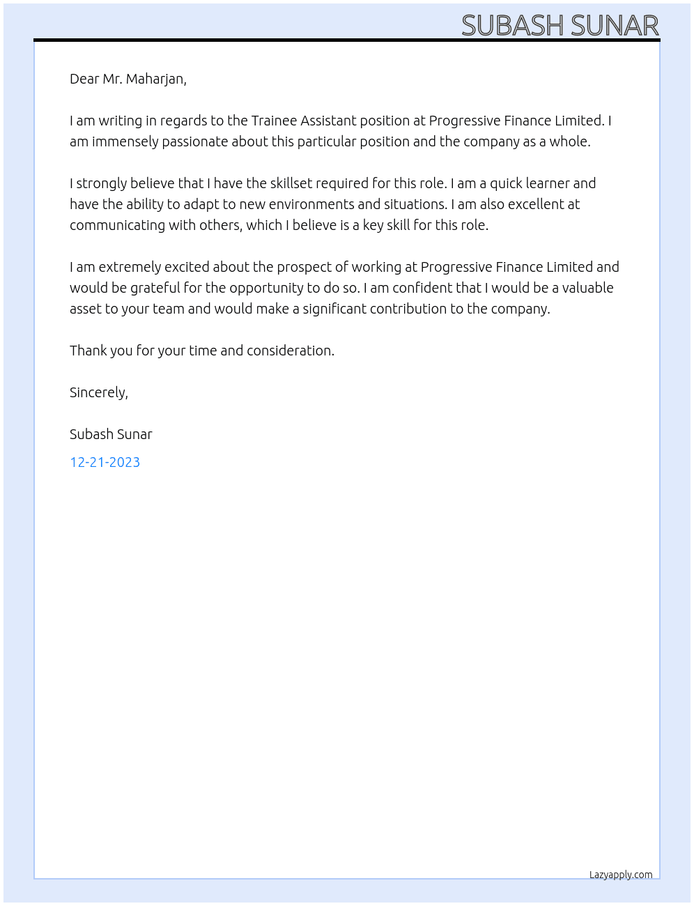 Traniee Assistant At Progressive Finance  Limited Cover Letter