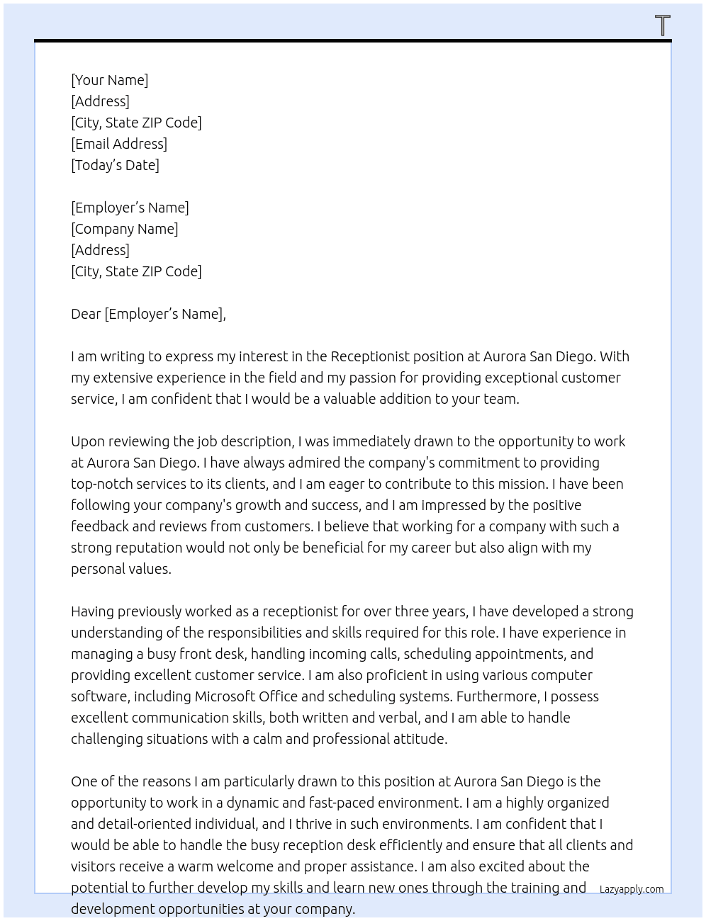 receptions  At Aurora San Diego Cover Letter