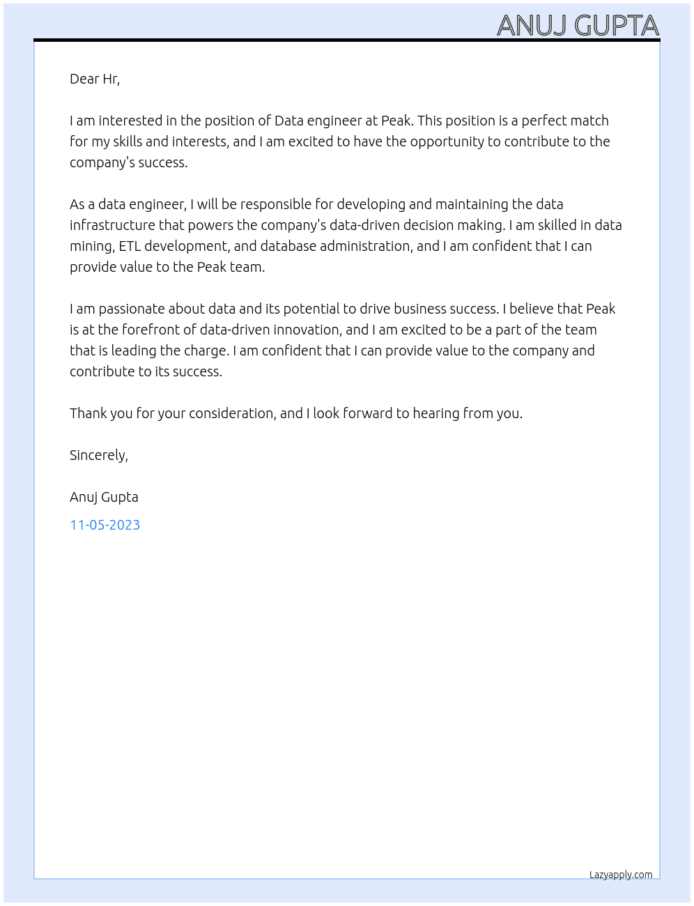Data engineer At Peak Cover Letter