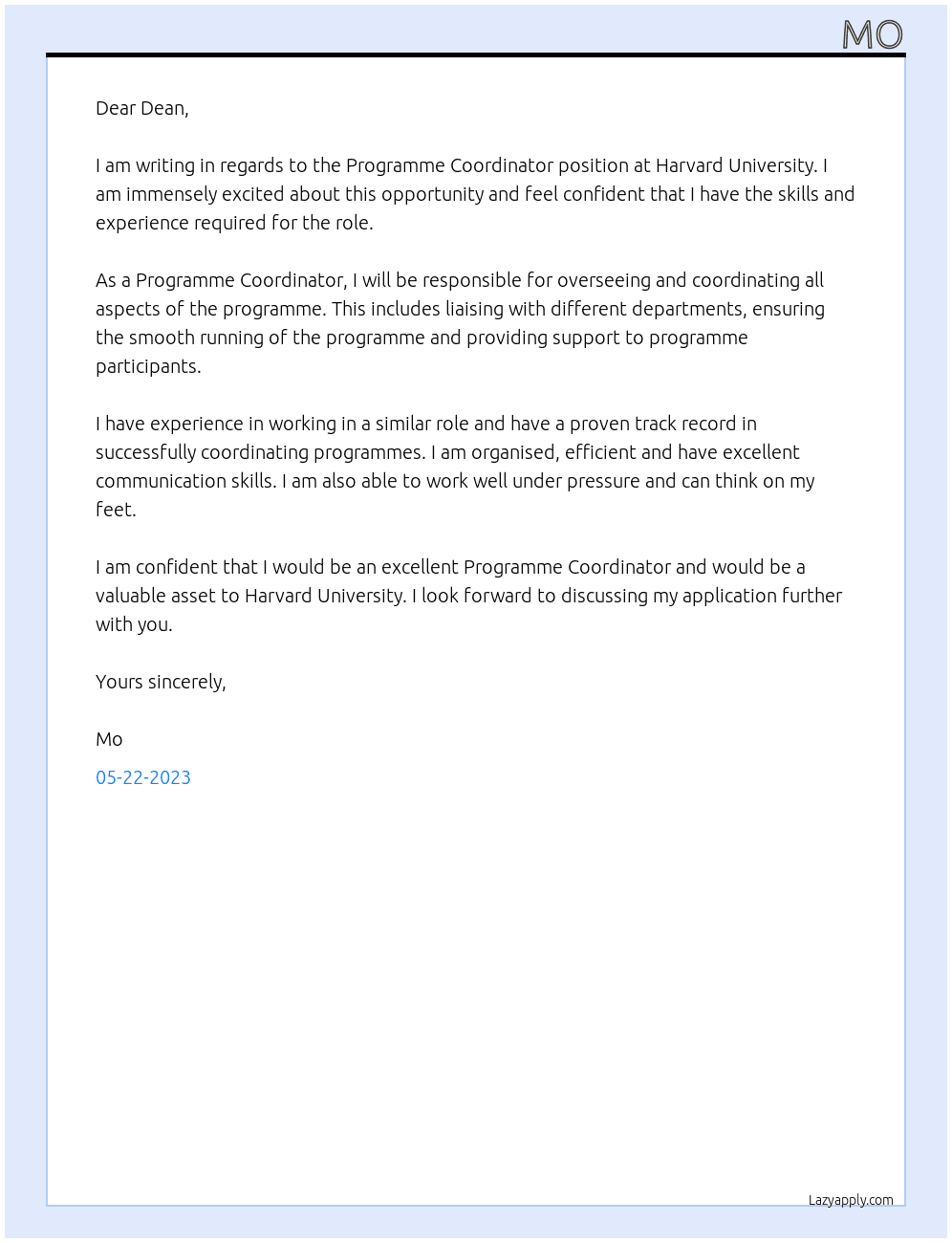 Programme Coordinator At havard university Cover Letter