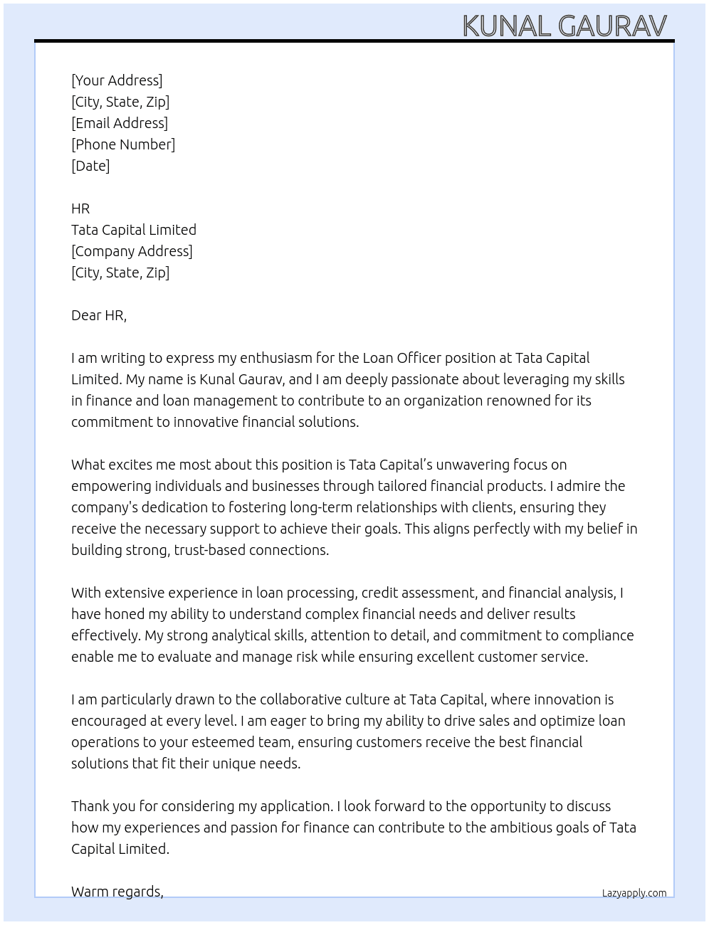 Loan officer  At Tata capital Limited  Cover Letter