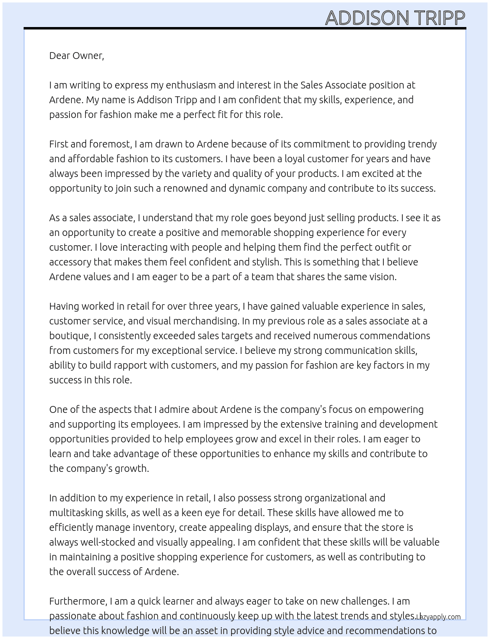 sales associate  At Ardene Cover Letter