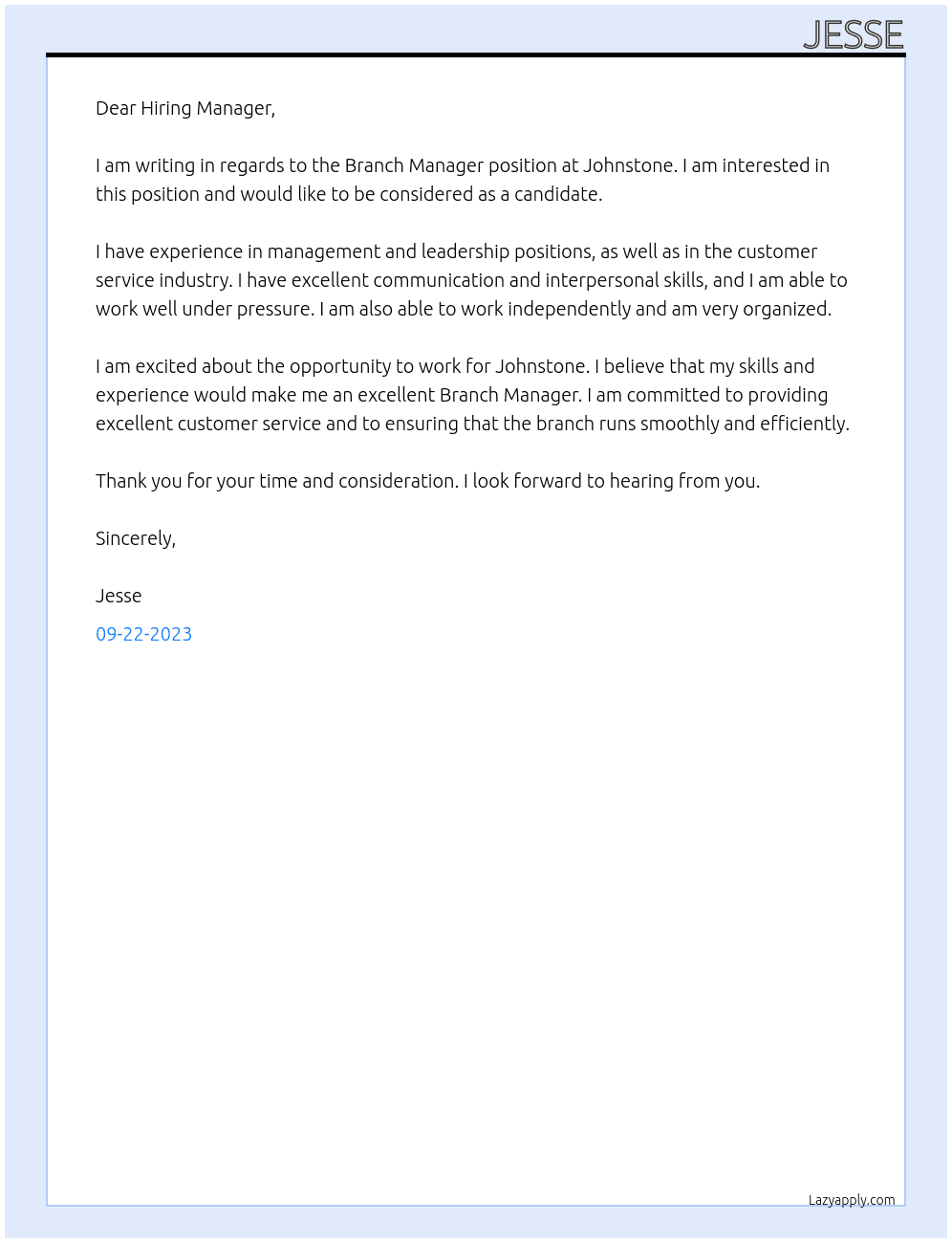 Branch Manager At Johnstone Cover Letter