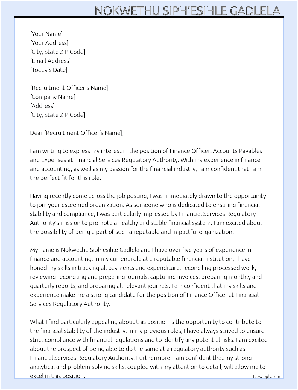 Finance Officer: Accounts Payables and Expenses At Financial Services Regulatory Authority  Cover Letter