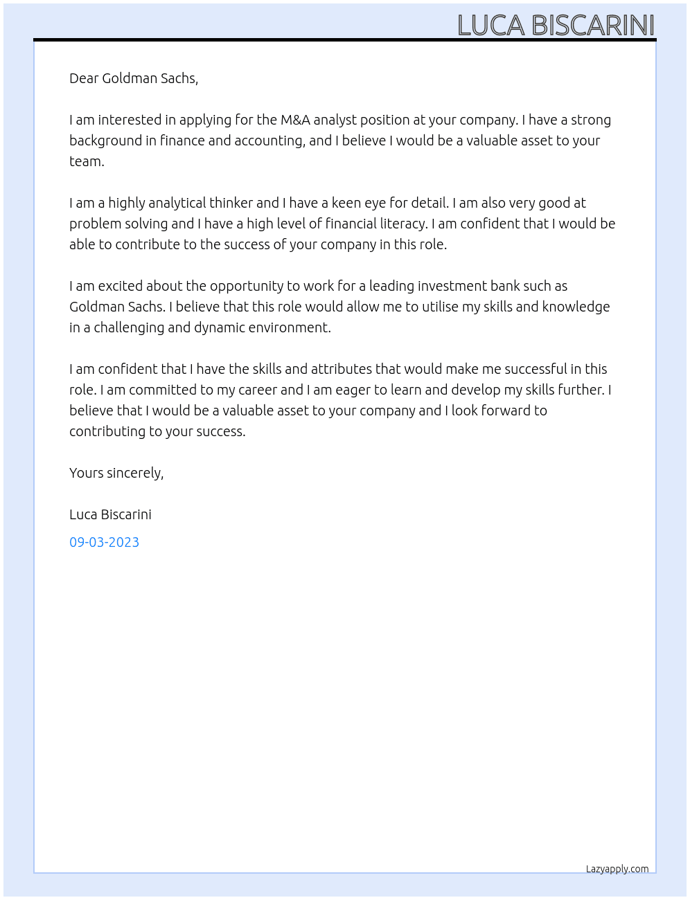 M&A analyst At Goldman Sachs Cover Letter