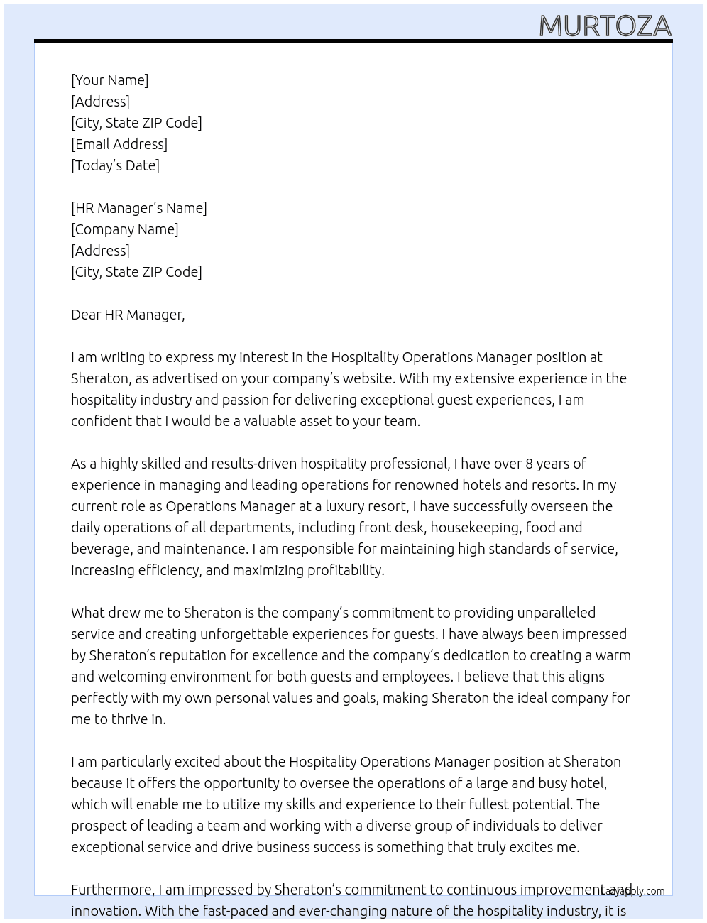 Hospitality Operations Manager At Sheraton Cover Letter