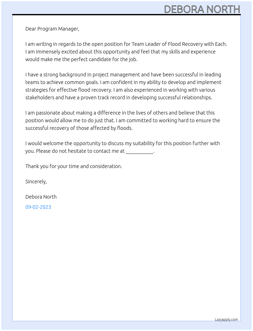 Team leader flood recovery At Each Cover Letter