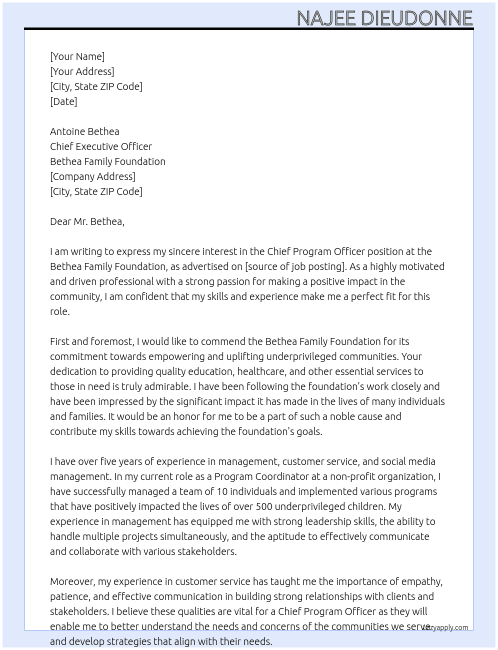 Chief Program Officr At Bethea Family Foundation Cover Letter