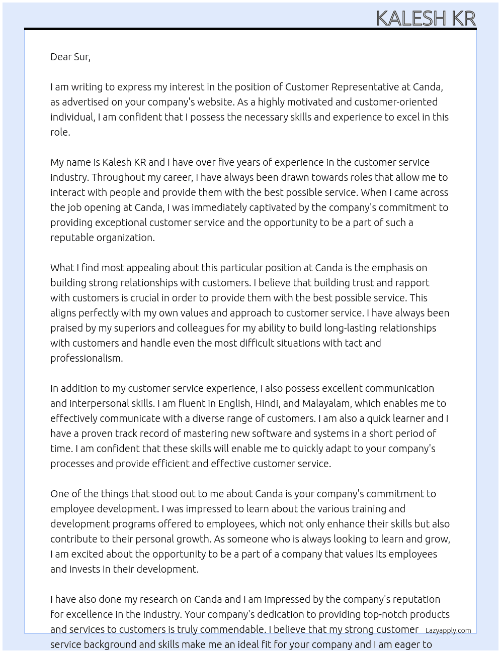 Customer representative  At Canda Cover Letter
