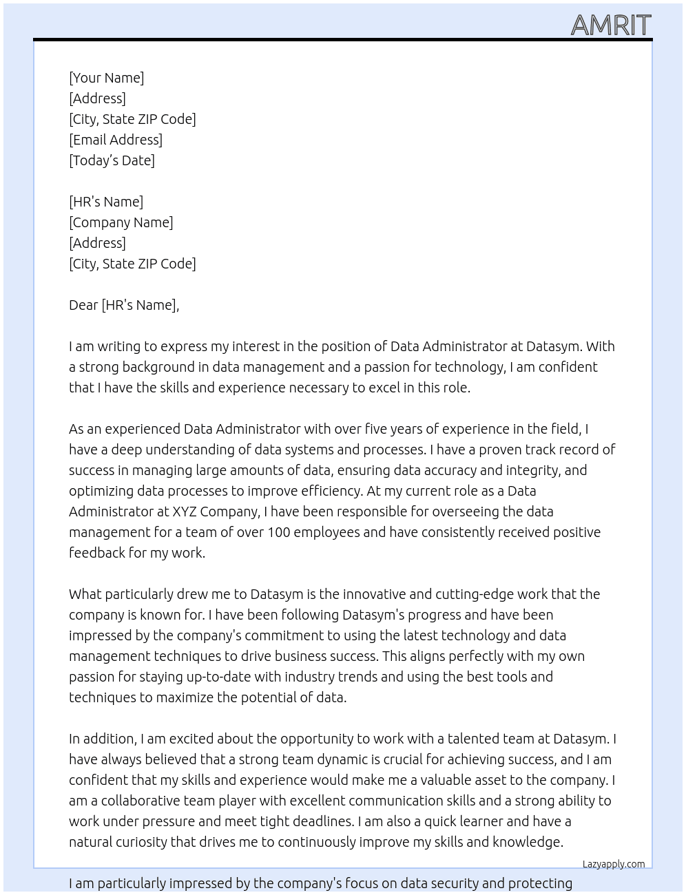 Data Administrator At Datasym Cover Letter