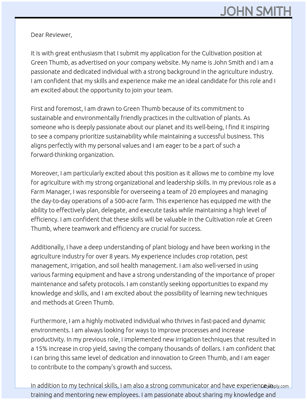 Cover letter for cultivation - LazyApply