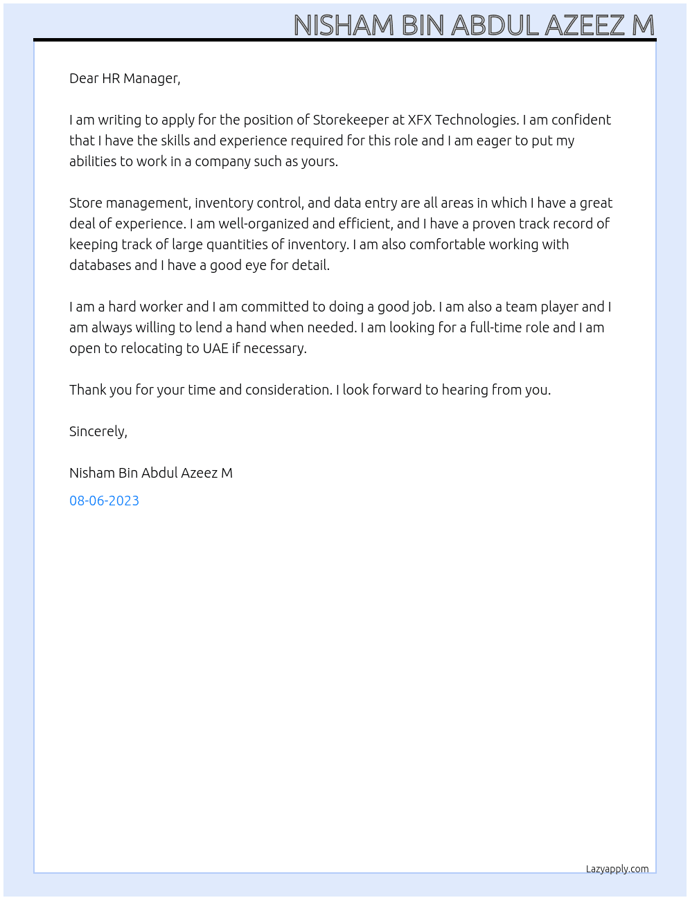 Storekeeper  At XFX TECHNOLOGIES Cover Letter