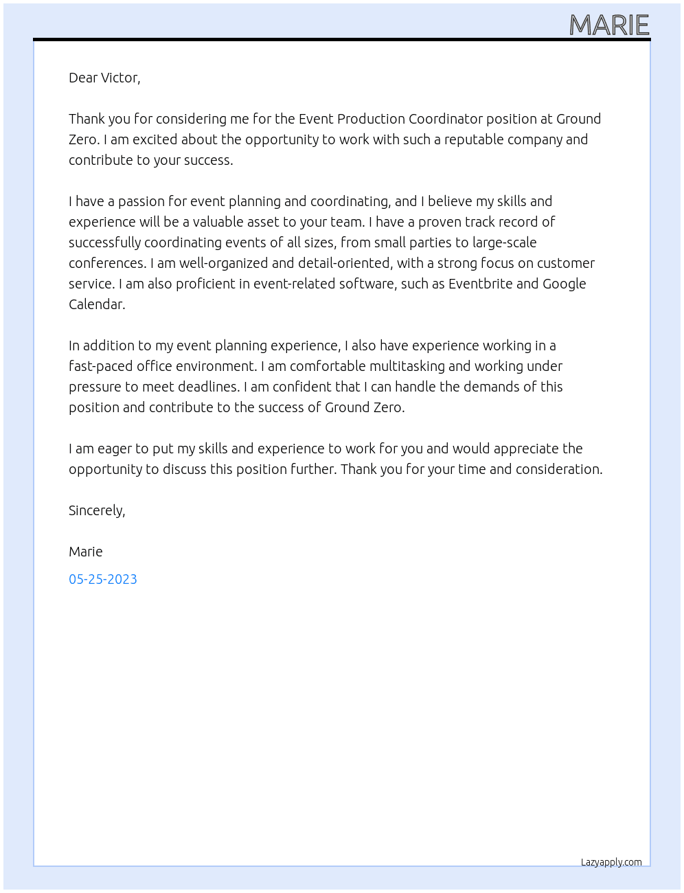 event production coordinator At Ground Zero Cover Letter