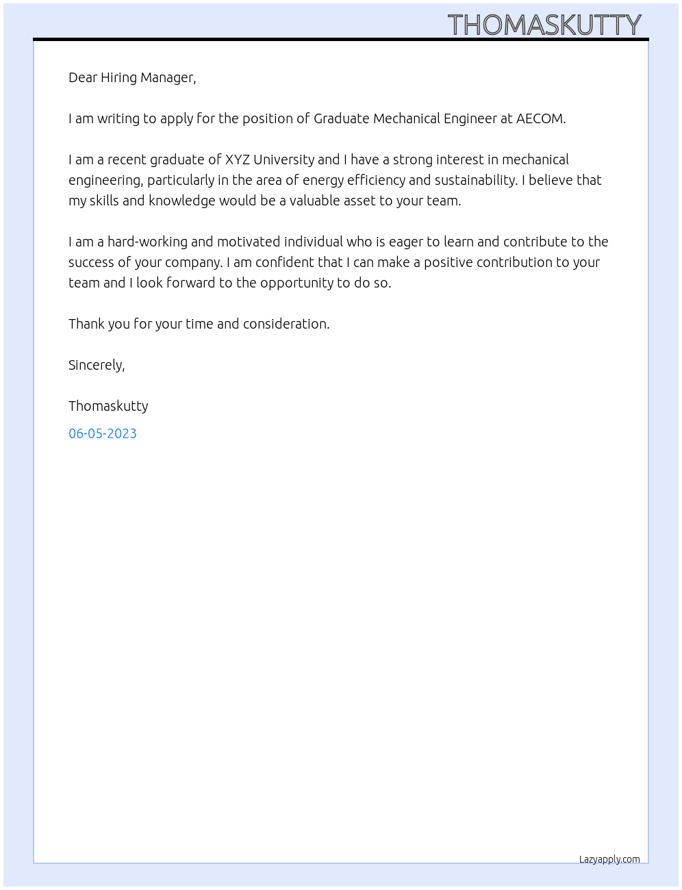 Graduate Mechanical Engineer At AECOM Cover Letter