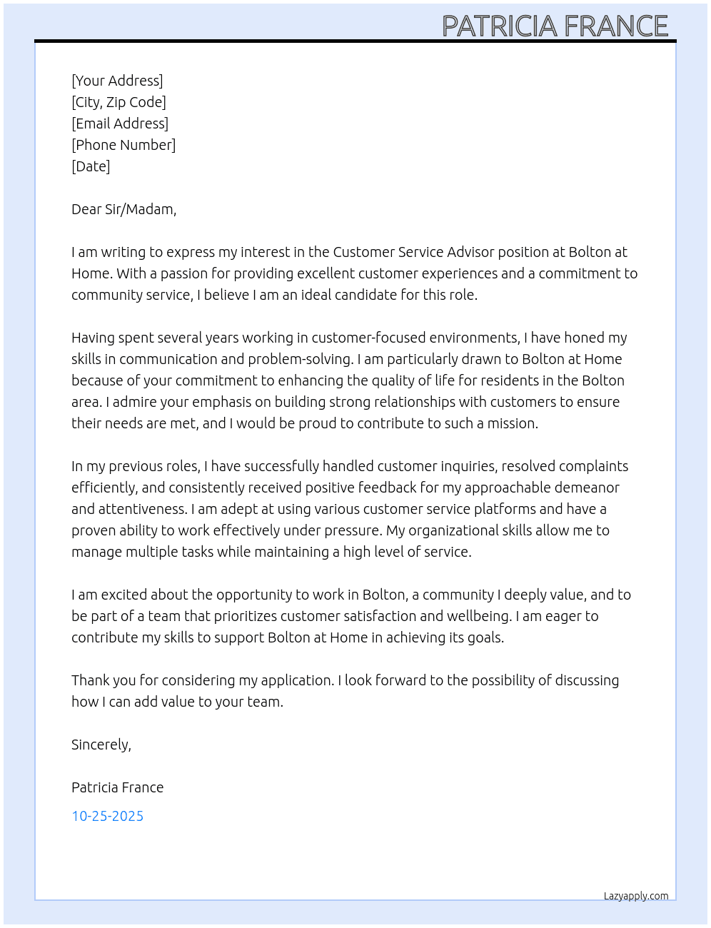 Customer Service Advisor  At Bolton at Home  Cover Letter