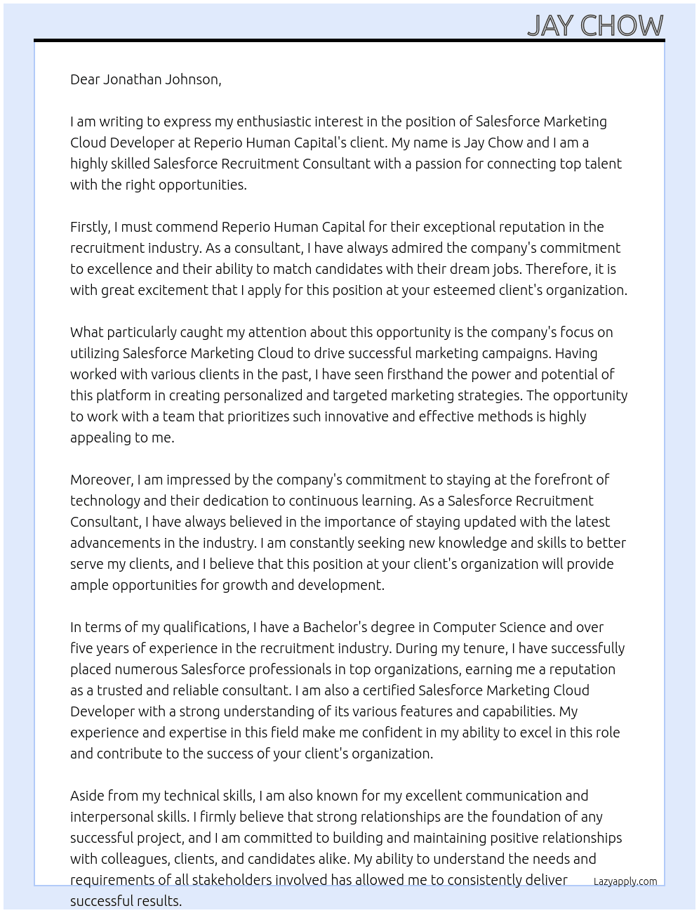 Salesforce Marketing Cloud Developer At Client of Reperio Human Capital Cover Letter